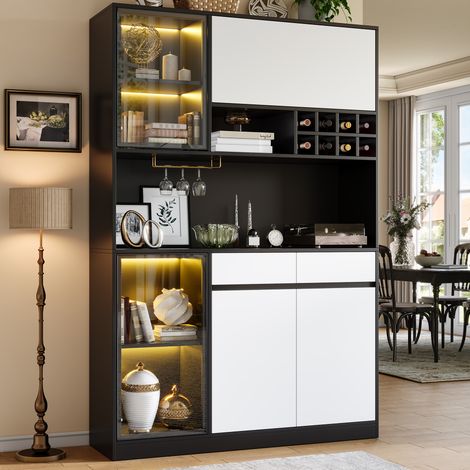 Modernluxe - Buffet haut, vitrine 120x35x180 cm - Avec éclairage LED, range-bouteilles, 5 portes et 2 tiroirs - Noir et blanc (1/5)