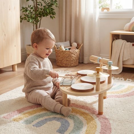 Jeu de tambours pour bébé avec xylophone pour tout-petits, instruments de musique en bois, coloris naturel (1/5)