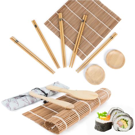 Kit premium per principianti per preparare il sushi in bambù, composto da 11 pezzi, con tappetino per arrotolare, bacchette, piatti per salsa di soia, utensili da cucina giapponesi naturali, regalo id