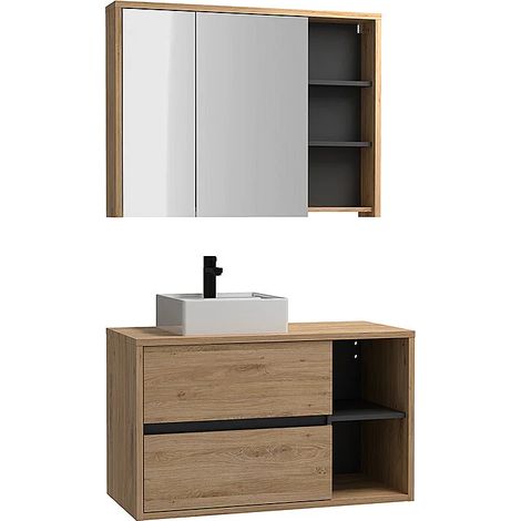 Vente-Unique – Ensemble de meubles de salle de bain suspendu – Vasque carrée en céramique blanche – 100 cm – 2 tiroirs soft close – Armoire de toilette avec miroir (1/5)