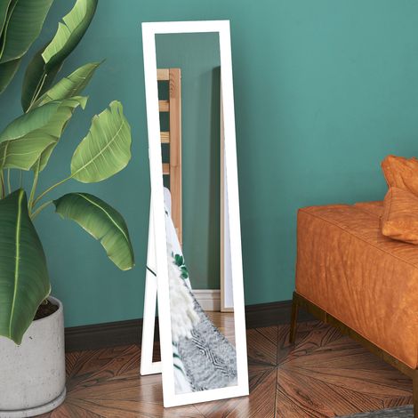 Miroir au sol avec cadre en MDF avec pieds et crochets, miroir moderne pour utilisation murale, 37x40x155 cm, blanc et transparent (1/5)