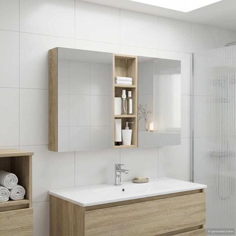 Vidaxl – Ensemble de meubles de salle de bain 3 pcs – Miroir à deux faces – Éclairage LED intégré – Bois d'ingénierie – Dimensions 100 x 10,5 x 60,5 cm (1/5)