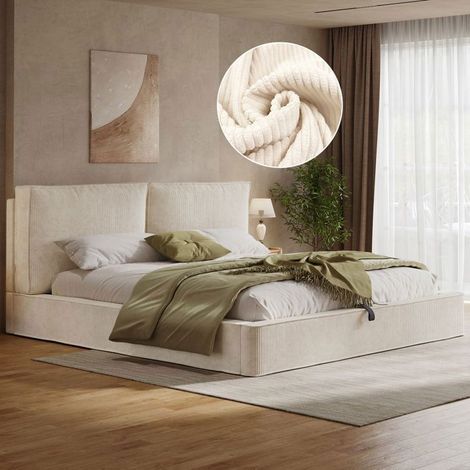 Lit Coffre 180x200 Velours Beige - Lit Rembourré - Avec Sommier Tête de Lit 105cm Design Moderne Rangement Fonctionnel Style Élégant (1/5)