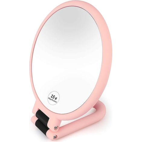 Espejo de mano con aumento de 15x, espejo de maquillaje de doble cara con aumento de 1x y 15x y mango plegable ajustable, espejo de viaje profesional. (1/5)