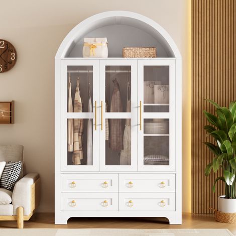 Armoire penderie - 110 x 50 x 186 cm - 3 portes vitrées - 4 tiroirs - penderie - éclairage LED connecté - design arche - moderne - MDF - blanc (1/5)