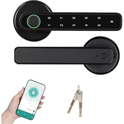 Serrure de Porte Intelligente, Serrure de Porte Intelligente avec Empreinte Digitale et Poignée Serrure Biométrique avec Cylindre à Code APP Télécommande pour Maison Appartement (1/5)