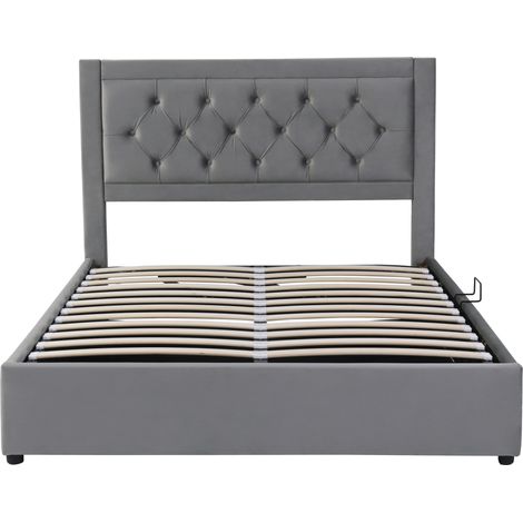 Cama con almacenaje 140 x 200 cm en terciopelo gris con somier y acero MODENUIT (1/5)