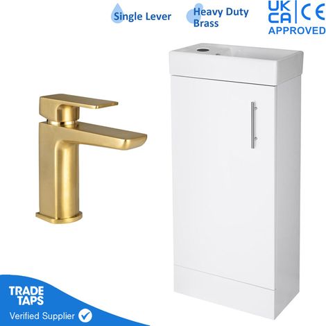 400mm Freestanding Bathroom Vanity Unit with Basin & Brushed Brass Tap (1/5)