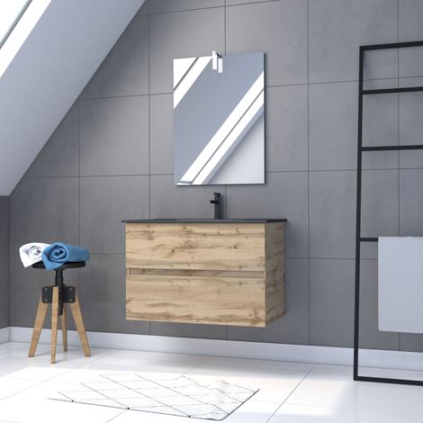 Mobile da bagno Da appendere 80x54 - Rovere + Lavabo nero + Specchio Led - TIMBER 80-Pack33
