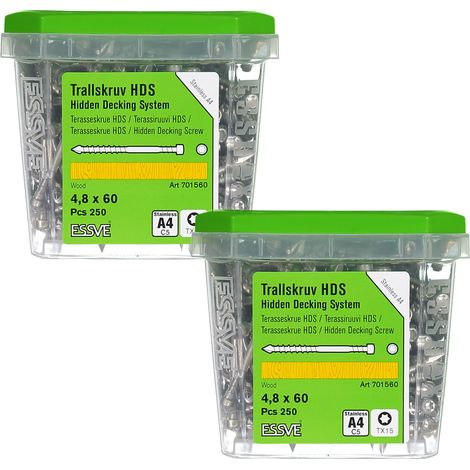 Tornillos para tarimas ESSVE HDS PRO para montaje oculto en madera, tamaño A4, 4,8 x 60 mm, 250 unidades x 2 (1/3)