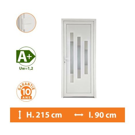 Direct Fenêtres – Porte d'entrée PVC blanc 83cm – Double vitrage fe gaz argon – Isolation thermique A – Seuil aluminium PMR 18mm – 10 ans de garantie