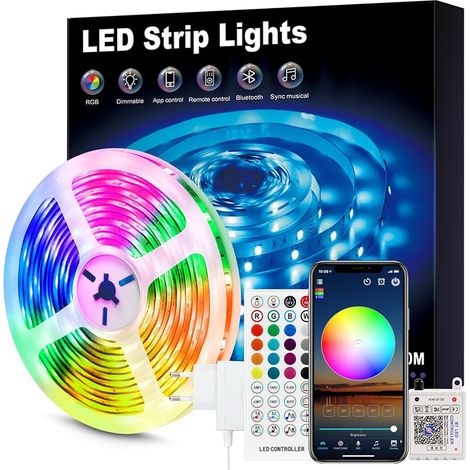 Ruban LED 24V 10m 5050 RGB pour Chambre, Plafond et Mur, Bande Lumineuse d’Ambiance avec Télécommande 40 Touches & App Bluetooth, Décoration Lit, Meuble, Gaming, Fête et Noël(1×10m) (1/5)