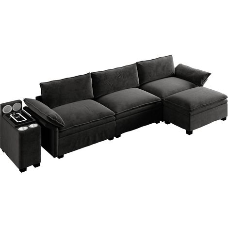 Canapé modulable d’angle 4 places en tissu noir, avec charge sans fil, éclairage, haut-parleurs, rangement et ottoman mobile  CHICFURN (1/5)