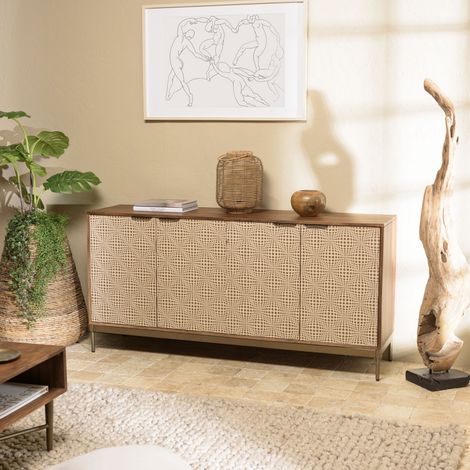 ALIX - Buffet en bois de manguier 4 portes motifs ethniques (1/5)