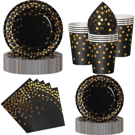 Set 50 Pièces Vaisselle Jetable, Assiettes 23cm et 18cm, Gobelets, Serviettes, Noir Or, pour Mariage, Anniversaire, Fête