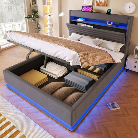 Bett Polsterbett Stauraum 140x200 LED Leinen Grau OKMYHOME (1/5)