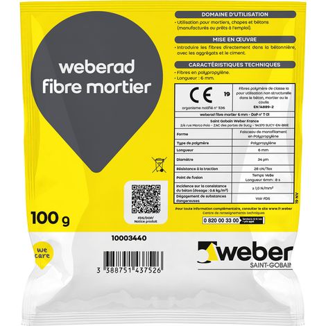 Weber Saint-Gobain Microfibre synthétique pour augmenter la capacité de déformation des mortiers 6mm, Weberad fibre mortier
