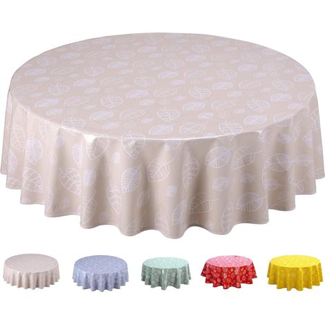 1 Nappe toile cirée PVC,ronde 160 cm,motif feuilles beige,surface imperméable,salle à manger