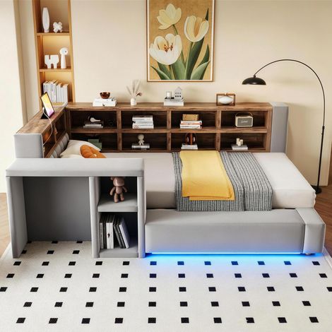Lit capitonné 90 x 200 cm, avec revêtement capitonné, compartiments de rangement à plusieurs niveaux, éclairage LED, prises intégrées dans la tête de lit, table de chevet, dossier capitonné, gris fonc (1/4)