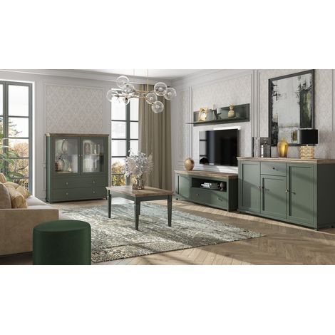 Set di 5 mobili per il tuo soggiorno in color verde e rovere. Collezione ASSIA.