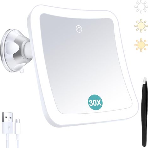 Miroir grossissant avec lumière, Miroir de Maquillage Lumineux grossissant 30x avec contrôle Tactile et Ventouse, Rechargeable, Rotation à 360°, Salle de Bain et Voyage, carré (1/5)