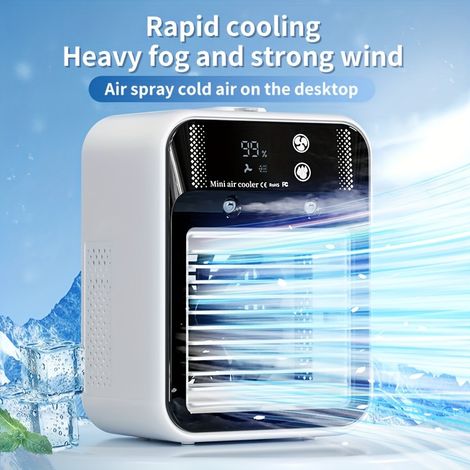 Ventilateur humidificateur et rafraîchisseur d'air portable Mini rechargeable USB-C 6000 mAh, 2 vitesses de ventilation, 2 modes de brumisation, idéal pour le bureau, la résidence étudiante ou la mais (1/5)