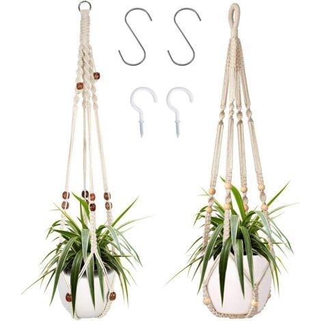 85cm White Cotton Rope Indoor Plant Hanger with Wooden Beads for Home Decor, No Hooks, 2 Pairs (1/5)