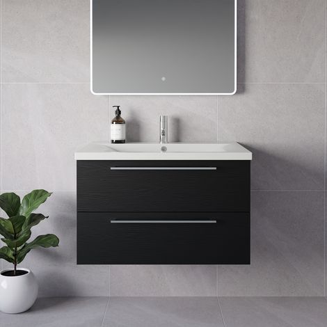 Napoli 460 Nero Oak 800mm Wall Mounted 2 Drawer Vanity Unit with Glide Basin - 800mm - Chrome 480mm Handle