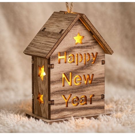 Maisonnette lumineuse suspendue bois brut inscription Happy New Year 6,5 cm, décoration Nouvel An (1/4)