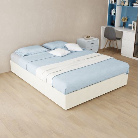 Cadre de lit 140x200 cm tissu et métal beige, vérins à gaz, gain de place, sans matelas – MEUBLIV (1/5)