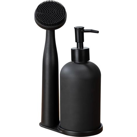 Piedo Ensemble Vaisselle 3 pièces avec Distributeur de Liquide Vaisselle 400 ML en Verre Rechargeable, Brosse à Vaisselle et Support en polyrésine, Dimensions (l x H x P) : 12,5 x 9 x 25 cm (1/5)