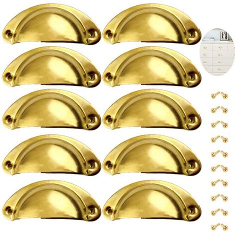 Lot de 10 boutons de tiroir en laiton doré antique - boutons vintage en forme de bol - boutons vintage en forme de coquillage - mini boutons de porte - vis incluses - jaune - parfaits pour décorer coi (1/5)