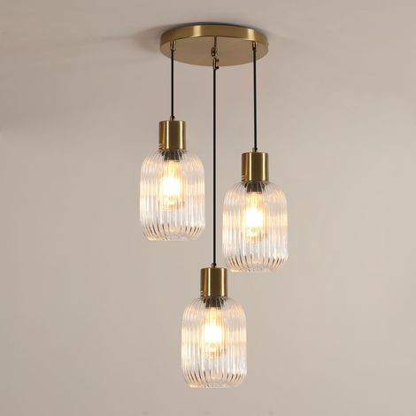 Suspension 3 Lumières Cuivrée E27, Lustre en Verre Transparent sans Ampoule, Ø25 cm