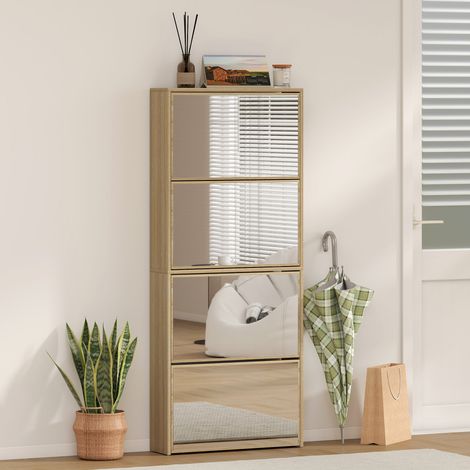 Zapatero Estrecho con Espejo y 4 Puertas Abatibles para 12  Pares de Zapatos 63x17x146 cm Natural (1/5)