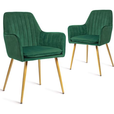 Ensemble de 2 chaises de salle à manger, fauteuil moderne avec accoudoir pour cuisine, salle à manger et salon, chaise de cuisine en velours avec pieds dorés, vert marine (1/5)