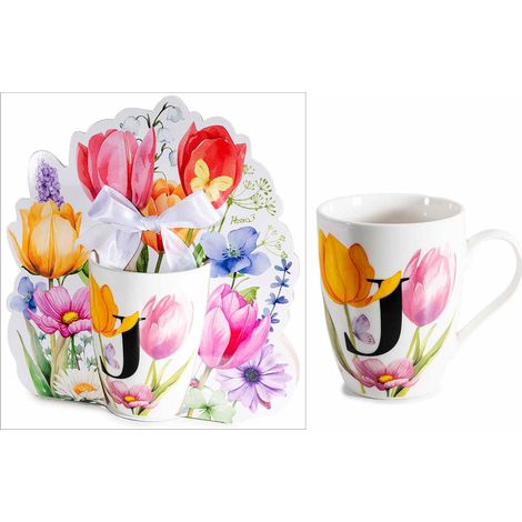 Tasses en porcelaine imprimé floral et initiale J en coffret cadeau découpé avec nœud, lot de 3