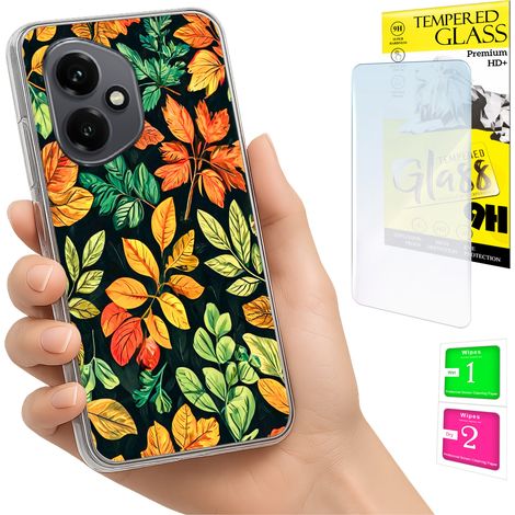 Étui pour Honor X7d / 400 Smart Photo : coque arrière avec motif feuilles et verre trempé 9H (1/5)