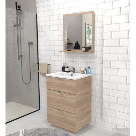 Waschbeckenunterschrank mit 3 Schubladen MARBELLA 60 cm + Waschbecken + Spiegel / Gebleichte Eiche/