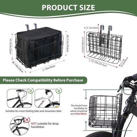 Cestino anteriore pieghevole in metallo per bicicletta, con chiusura a sgancio rapido, borsa interna removibile per e-bike, per animali domestici e per la spesa, nero. (1/5)