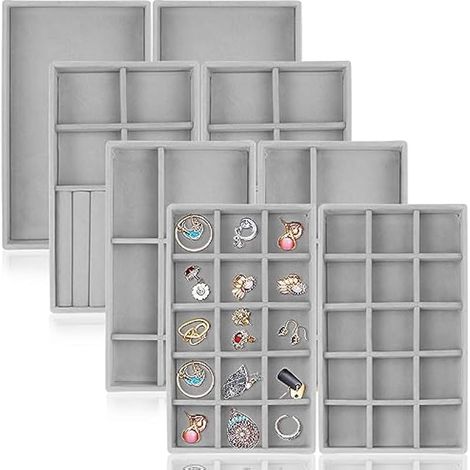 Lot de 8 plateaux de présentation de bijoux en velours pour tiroirs, plateaux empilables pour tiroirs (gris) (1/5)