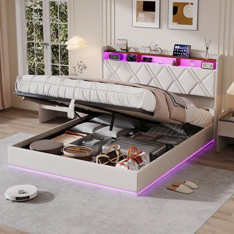 JOOKGBD - Polsterbett mit Bettkasten 140x200 cm, Doppelbett, Jugendbett, Kopfteil mit LED, USB und verstecktem Stauraum, Lattenrost inklusive, Leinen, Beige, ohne Matratze