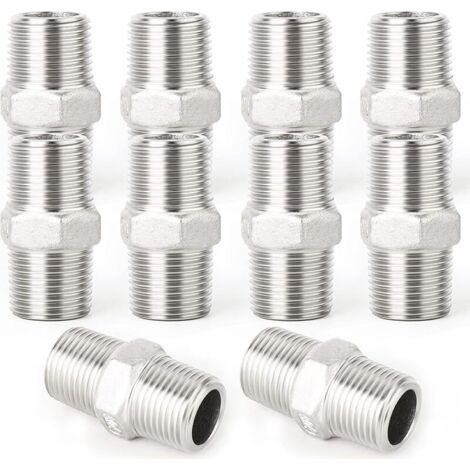 Pair 10 pièces raccords de tuyauterie à embout hexagonal en acier inoxydable 304, filetage BSP mâle 1/4\" à mâle 1/4\", raccord adaptateur droit (1/5)