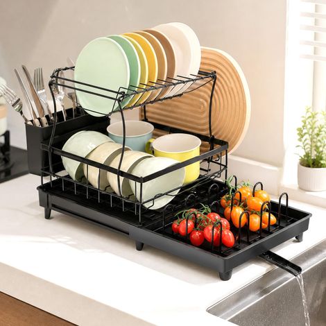 Égouttoir à Vaisselle 2 Niveaux, Égouttoir Vaisselle Rétractable sur Évier avec Plateau Amovible, Bec Rotatif à 360° et Extensible, Egoutoire Ustensiles Cuisine en Acier Inoxydable, 52x31x31cm (1/5)