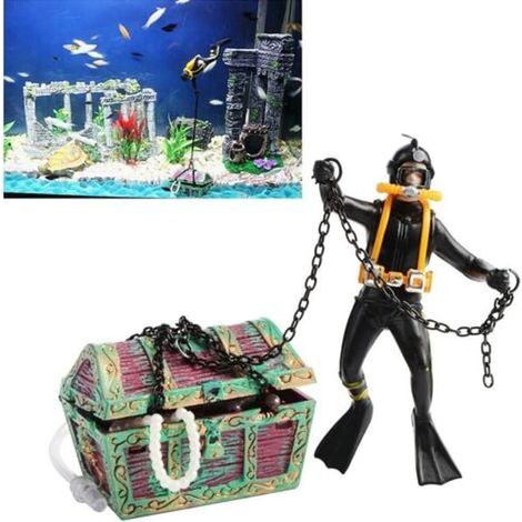 Décoration d'aquarium : figurine de poisson d'aquarium, plongeur sous-marin, coffre au trésor, aquarium noir (1/4)