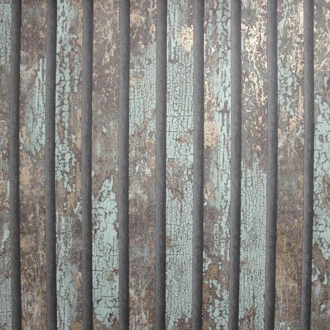 Fine Decor Carbon Oxidize Teal Wallpaper Wood Panel Rustic Metallic Feature Wall (1/4)