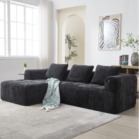 Sofá modular de chenilla negro 250x158 cm con chaise longue y bolsillos laterales (1/5)