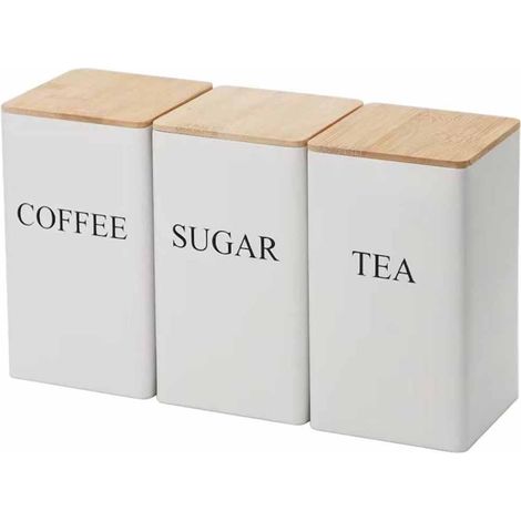 Lot de 3 boîtes à thé, café et sucre en métal de 1 000 ml avec couvercle hermétique en bambou décoratif pour votre thé, sucre, café préféré (blanc) (1/5)
