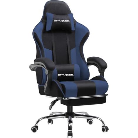 Chaise Gaming Ergonomique de Massage,avec Repose-Pieds et Accoudoirs Synchronisés Fauteuil Gamer Pivotant, en Tissu (Bleu)