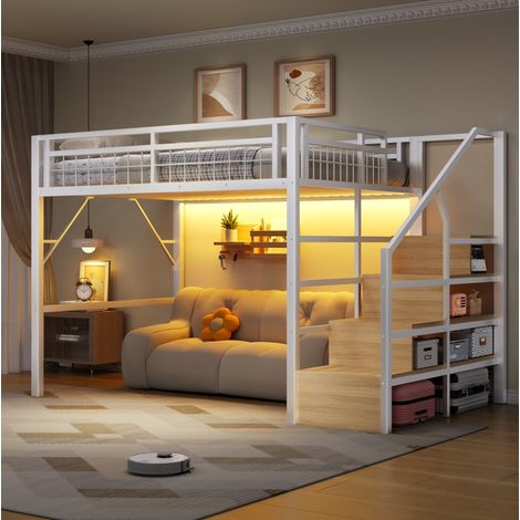 Hochbett 140x200 cm weiß aus Metall und MDF mit LED-Lichtleiste und Stauraumtreppe (1/5)