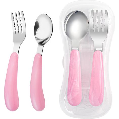 Lot de 2 fourchettes et cuillères enfant, acier inoxydable 18/8, étui voyage inclus, rose. (1/5)
